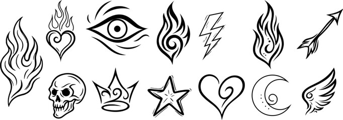 Tribal Tattoo Icon Collection. Featuring Flames, Skulls, Hearts, Stars, Arrows, and More. Editable Stroke Tattoo Outline Designs.