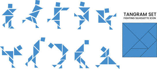 Tangram People Puzzle Set with 10 Color Shapes – Creative Fighting People Figures Vector Illustration