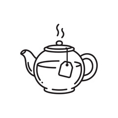 Classic Teapot Outline, Steaming Hot Beverage Icon with Tea Bag. 