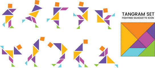Tangram People Puzzle Set with 10 Color Shapes – Creative Fighting People Figures Vector Illustration