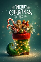 Whimsical Christmas Elf Boot with Gingerbread Man, Gifts, and Lights