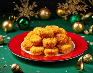 Chicken nuggets on a red plate in a Christmas theme