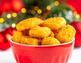 Chicken nuggets on a red plate in a Christmas theme