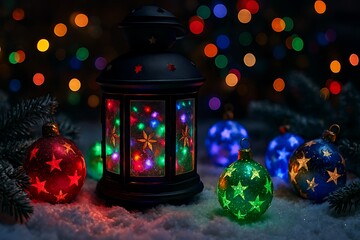 Glowing Christmas Lantern with Colorful Star Ornaments on Snow at Night