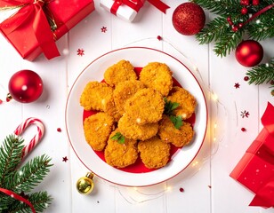 Chicken nuggets on a with table in a Christmas theme