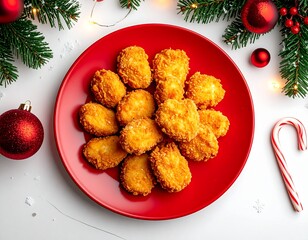 Chicken nuggets on a red plate in a Christmas theme