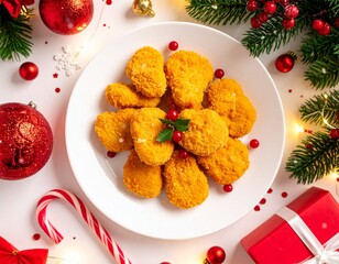Crispy Golden Chicken Nuggets In  White Plate and Christmas Theme