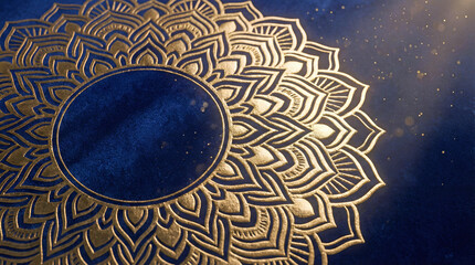 intricate gold embossed mandala design shining warmly on deep blue surface