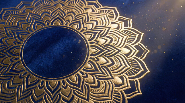intricate gold embossed mandala design shining warmly on deep blue surface