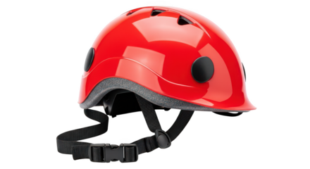 Glossy Red Safety Helmet With Strap On Black Background