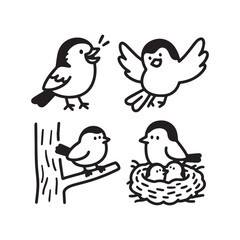 Cute Birdie Cartoon Set, Singing, Flying, Perching, and Nesting Illustrations.