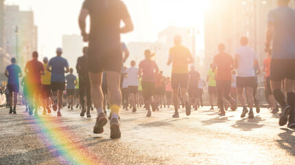 Healthy active lifestyle and community spirit with a large crowd of runners competing in a city marathon at sunrise.