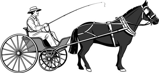 A black and white line drawing depicts a horse-drawn carriage. The main subject is a dark-colored horse, positioned in the right half of the frame, facing the viewer in a three-quarter view. It’s wear