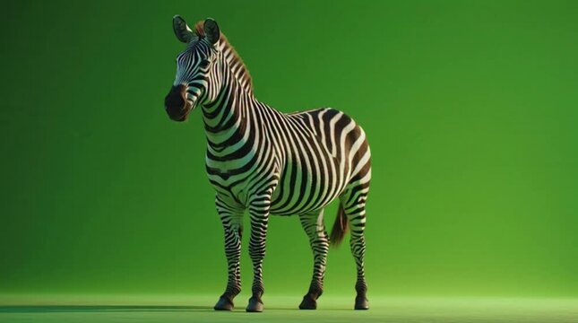 A zebra standing on a green floor against a green background