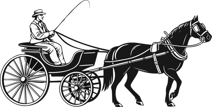 A black and white line drawing depicts a horse-drawn carriage. The main subject is a dark-colored horse, positioned in the right half of the frame, facing the viewer in a three-quarter view. It’s wear