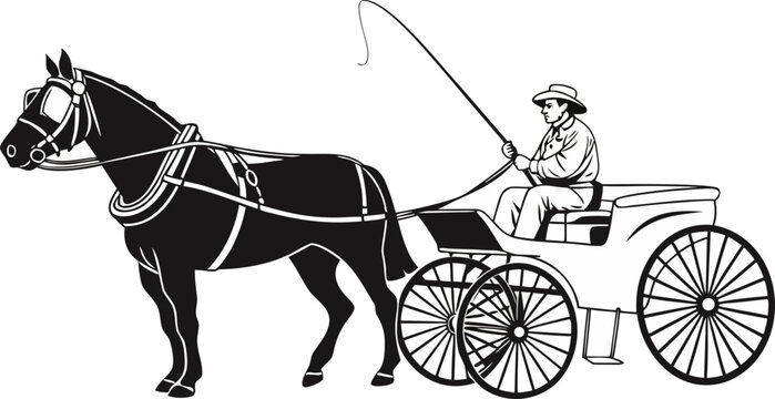 A black and white line drawing depicts a horse-drawn carriage. The main subject is a dark-colored horse, positioned in the right half of the frame, facing the viewer in a three-quarter view. It’s wear