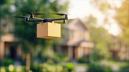 A drone carrying a cardboard box flies through a suburban neighborhood on a sunny day, representing delivery and technology.