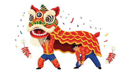 Naklejka premium Dynamic Illustration of Traditional Chinese Lion Dance for Cultural Festivities and Lunar New Year Celebrations, bringing good fortune and prosperity