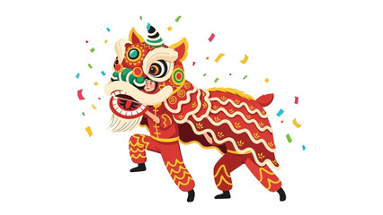 Traditional Chinese Lion Dance Performance with Confetti Celebration