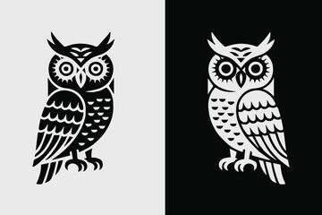 owl emblem symmetrical black white vector badge design