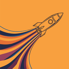 Vibrant Rocket Launch Graphic with Colorful Trail on Orange Background. Startup & Innovation Concept