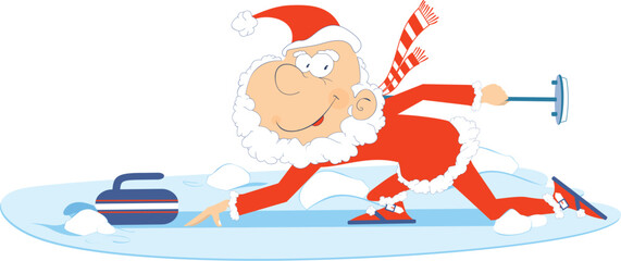 Curling sport. Funny Santa Claus plays curling