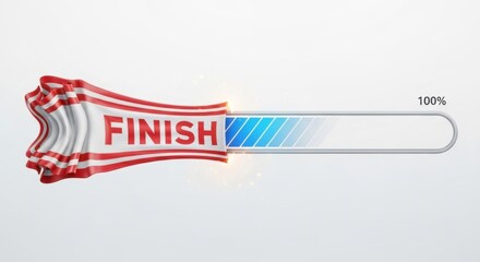 Progress Bar Finish Line Completion Concept: Illustrative White Background with Red and White Finish Flag and Blue Gradient Progress Indicator