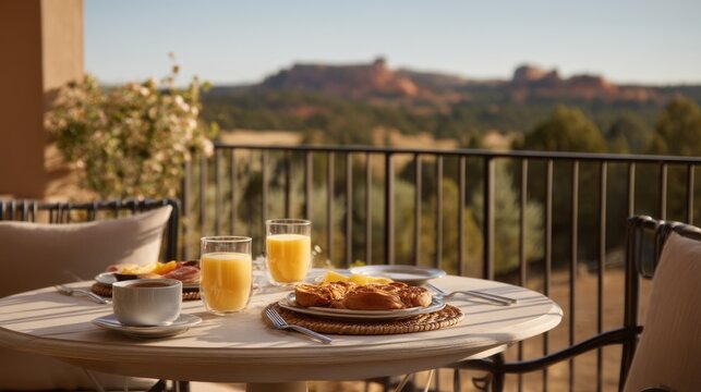 Enjoying a tranquil morning, a table is beautifully set for breakfast on a balcony with stunning mountain views. Juicy fruits, pastries, and drinks invite relaxation