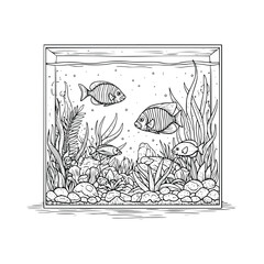 hand drawn aquarium black and white vector illustration