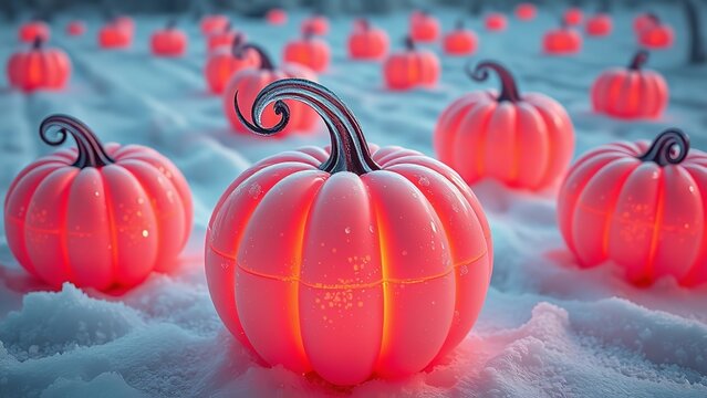 Vibrant pink pumpkins with glowing details and black stems stand in a serene blue winter landscape.
