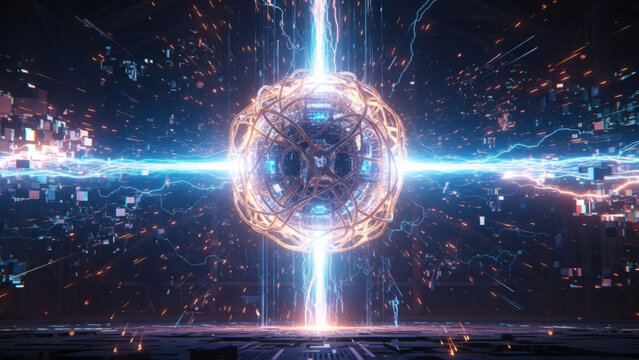 Abstract digital sphere radiating powerful energy streams within a complex futuristic network, symbolizing advanced data processing and quantum technology innovation - Powered by Adobe