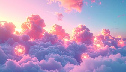 Ethereal pastel dreamscape featuring soft pink and purple clouds at sunset, adorned with mysterious luminous orbs, creating a serene and magical fantasy world