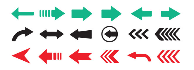 Diverse set of vector arrows pointing left featuring various designs like solid, outlined, and triple chevrons
