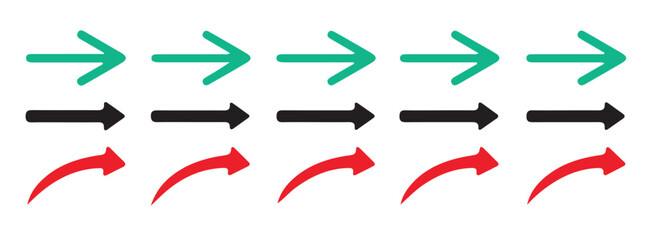 Collection of vector arrows indicating rightward direction with solid and curved designs in three distinct colors