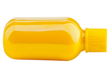 Yellow plastic bottle lying horizontally on transparent PNG isolated background