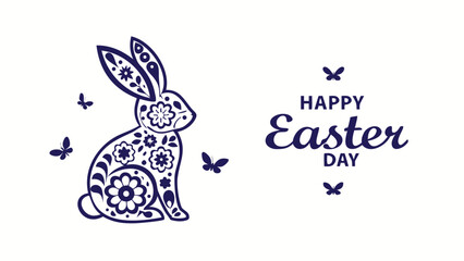 Fototapeta premium Elegant dark blue floral patterned easter bunny and butterflies with happy easter day text on a clean white background perfect for spring celebrations and holiday greetings