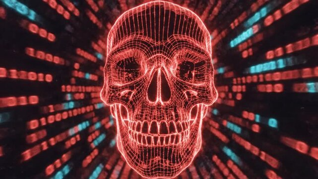 Abstract red skull digital mesh with data stream cyber security technology concept