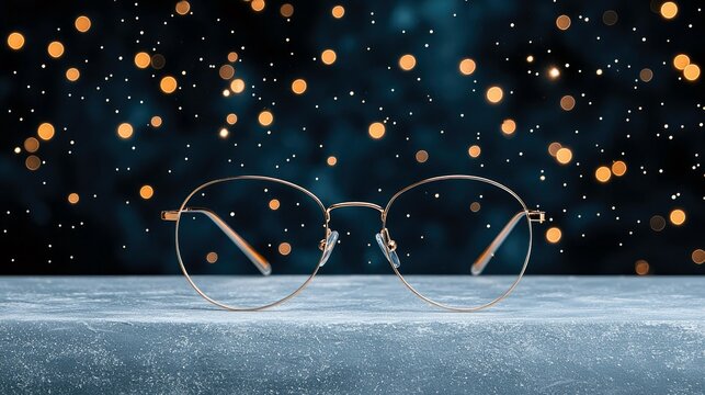 A pair of eyeglasses rests on a table, with a blurred bokeh background creating a dreamy, evening atmosphere. - Powered by Adobe
