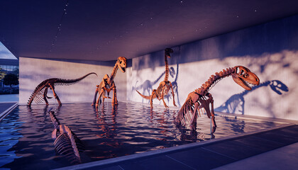 A captivating display of water dinosaur skeletons at the Museum of modern city, modern building background.