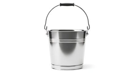A shiny, metallic bucket with a black handle is shown against a white background. It has a round shape with horizontal lines
