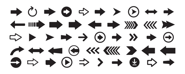 Set of black arrow icons and symbols isolated on white background for web design elements