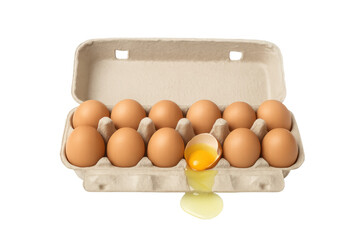 Brown eggs in a carton with one egg broken, yolk and white spilling, highlighting fragility and raw food mess, transparent background