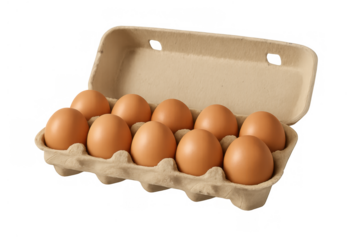 Brown eggs in a recycled cardboard carton, natural organic protein source for cooking, baking, breakfast, transparent background