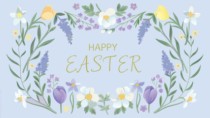 A delicate watercolor floral border frames the words happy easter in elegant golden script on a soft lavender background conveying a gentle spring celebration