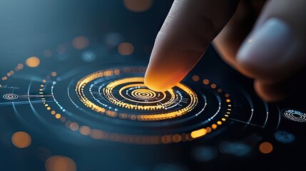Close-up of a finger interacting with a glowing futuristic interface, suggesting technology and innovation. The scene is set in a dark environment with bokeh ef
