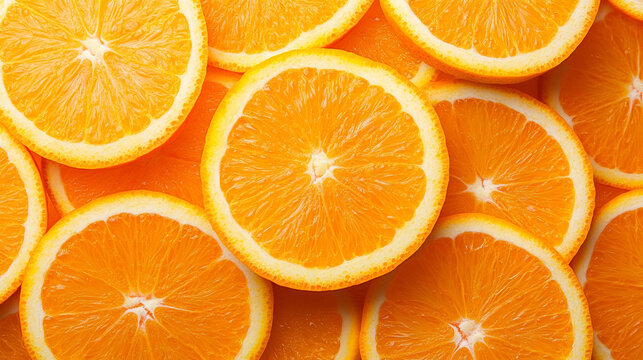 Close‑up of vibrant orange slices filling the frame, highlighting juicy texture and fresh citrus color. The image evokes freshness, healthy eating, summer vibes, food photography, and natural ingredie