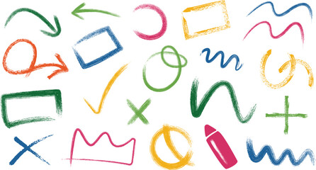 Hand drawn colorful crayon doodle set on white background