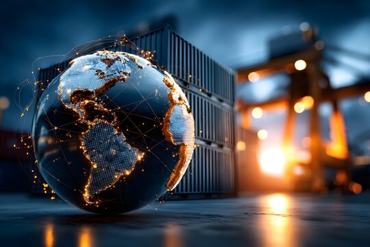 Digital vernetzter Globus vor Containern als Symbol globaler Logistik
