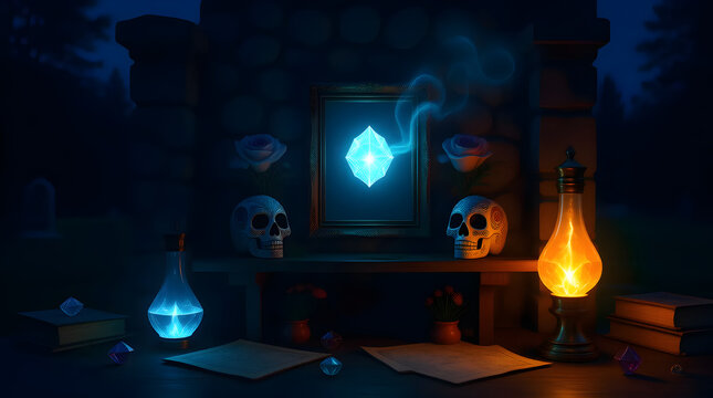 Mystical dark room scene with glowing blue crystal in a frame, illuminated by an oil lamp, featuring skulls and magic elements on a wooden desk - Powered by Adobe