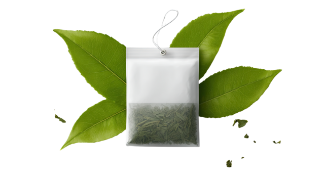 Realistic mockup of green tea bag with blank white label for branding, packaging design and product presentation isolated on white background